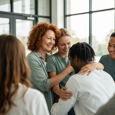 Diverse group of people in a patient support group, comforting each other, in a bright, modern community center, no text, no words, no typography, clean image