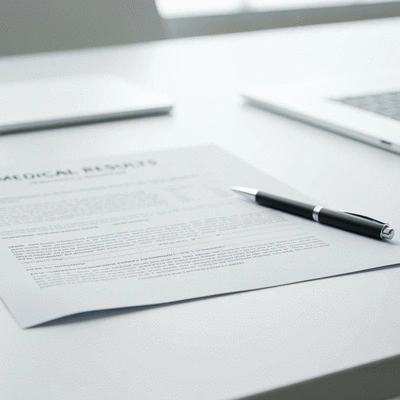 Close-up of medical documents and a pen on a clean, modern desk, symbolizing review of results