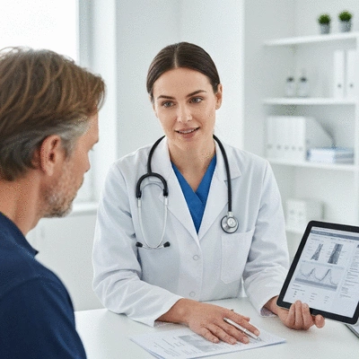 Doctor explaining kidney biopsy results to a patient on a tablet