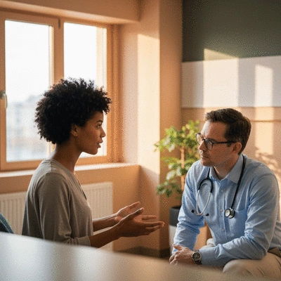 Woman talking to a doctor in a consultation room, emphasizing patient-doctor communication