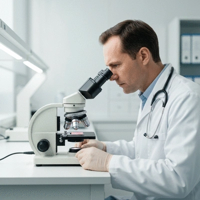 Pathologist examining tissue sample under a microscope in a lab