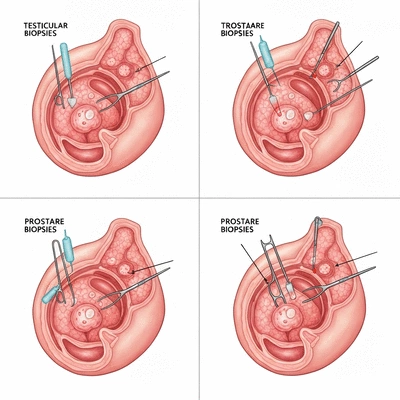 Diagram illustrating testicular and prostate biopsy procedures
