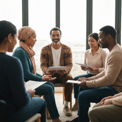 Support group in a cozy, inclusive setting, with diverse individuals sharing experiences, emphasizing community and emotional support, no text, no words, no typography, 8K