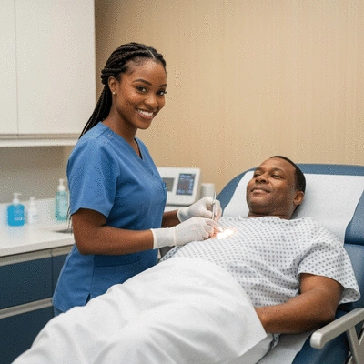 Medical professional preparing a patient for a biopsy procedure in a clean, modern clinic setting