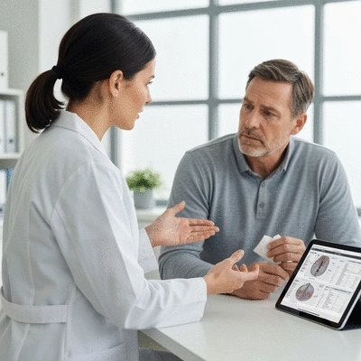 Doctor and patient discussing biopsy results in a modern clinic office, with a tablet showing medical data