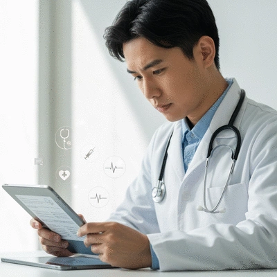 Person reviewing a medical report on a tablet, with medical icons floating around, symbolizing understanding and information.