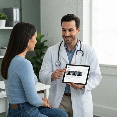 Doctor and patient discussing biopsy results in a modern clinic setting