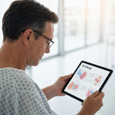 Patient reviewing educational materials about biopsy on a tablet