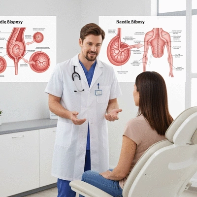 Medical professional explaining needle biopsy procedure to a patient, clean and modern clinic setting