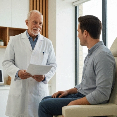 Doctor and patient discussing biopsy results in a modern clinic