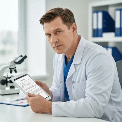 Person reviewing a medical report on a tablet, with medical tools in the background