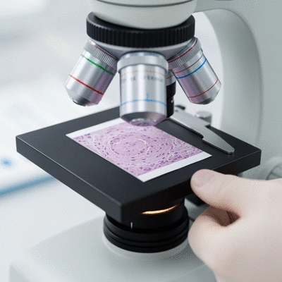 Microscope examining tissue sample