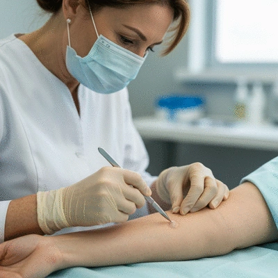 Close-up of a dermatologist performing a punch biopsy on a patient's arm, sterile environment, clear focus on the procedure, no text, no words, no typography, 8K, natural lighting