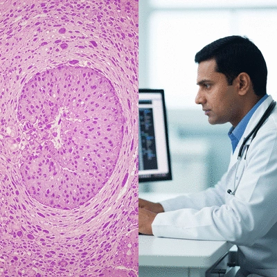 Microscopic view of tissue sample with pathologist analyzing results