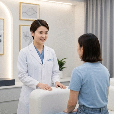 Medical professional explaining biopsy procedure to a patient in a clean, modern clinic setting, gentle lighting, no text, no words, no typography, 8K