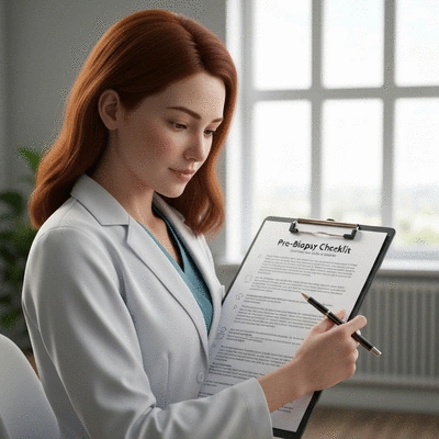 Patient reviewing a pre-biopsy checklist on a clipboard