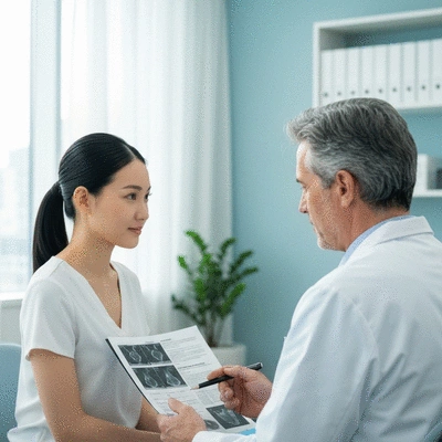 Patient discussing pathology report with a doctor