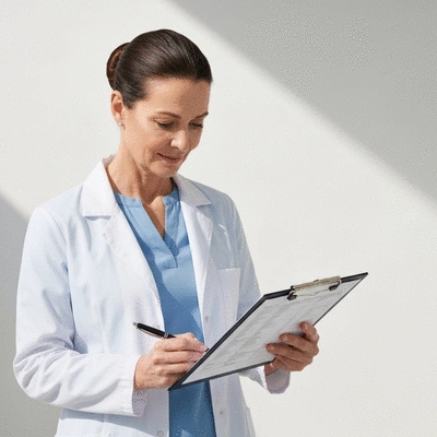 Person reviewing a medical checklist on a clipboard with a pen, clean background, no text