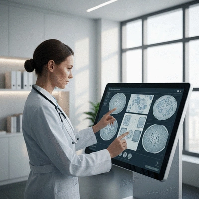 Medical professional analyzing a biopsy report on a screen, with microscopic views of cells visible