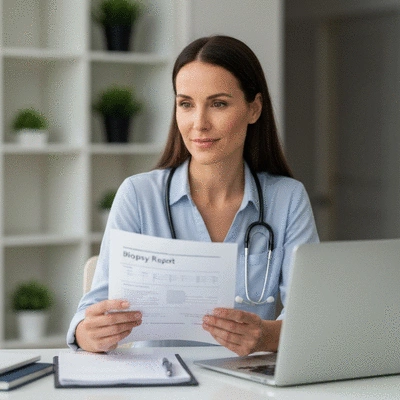 Patient calmly reviewing a biopsy report at home, sitting at a desk with a laptop, indicating understanding and empowerment