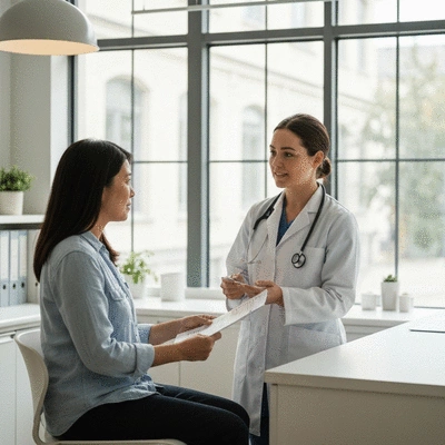 Patient discussing biopsy results with a doctor in a modern clinic setting