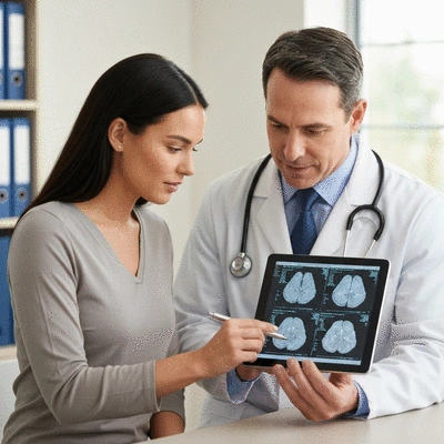 Patient and doctor reviewing biopsy results on a tablet, focused, professional, warm lighting, no text, no words, no typography, 8K