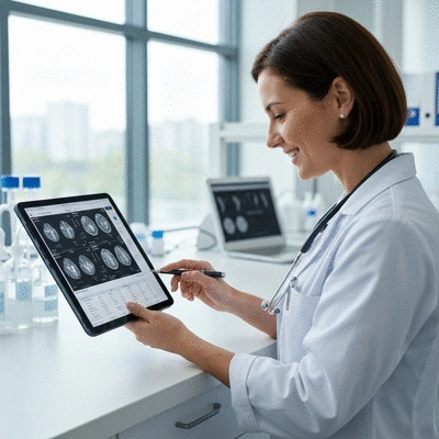 Medical professional reviewing biopsy results on a digital tablet with charts and data, in a clean lab setting, no text, no words, no typography, 8K