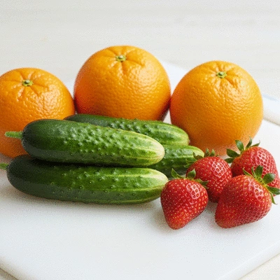 Fresh fruits and vegetables with high water content like cucumbers, oranges, and strawberries