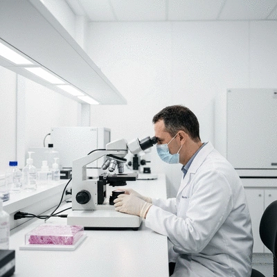 Microscope analyzing tissue samples in a lab