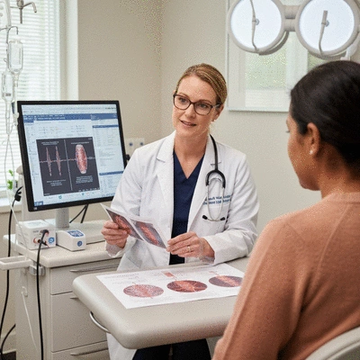 Medical professional explaining blood thinner risks to a patient, clear visuals, modern clinic