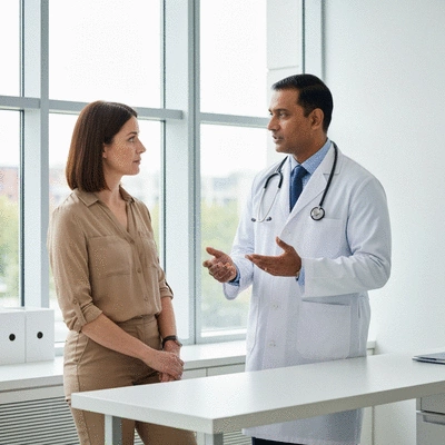 Patient discussing biopsy preparation with a healthcare provider, in a clean, modern clinic setting.