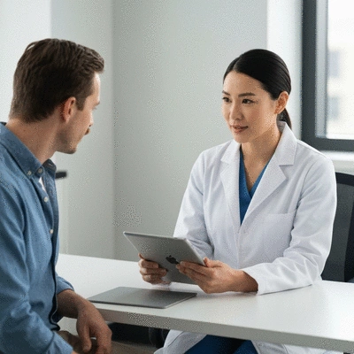 Medical professional explaining biopsy results to a patient on a tablet, professional setting, no text, no words, no typography, clean image
