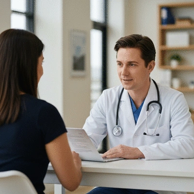 Patient and doctor discussing medical results in a bright, modern clinic, with a focus on open communication and support, no text, no words, no typography, 8K