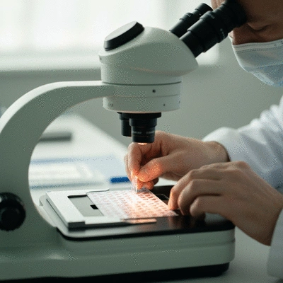 Close-up of a doctor's hands reviewing biopsy slides under a microscope