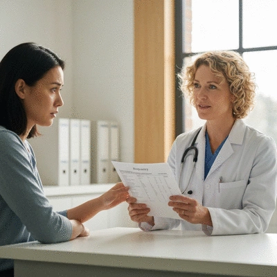 Patient discussing biopsy results with a doctor in a modern clinic, with a focus on empathy and clear communication, no text, no words, no typography, 8K