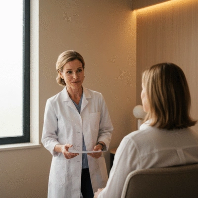 Doctor explaining biopsy results to a patient in a consultation room