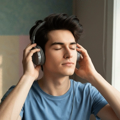Person listening to calming music with headphones, eyes closed, peaceful expression