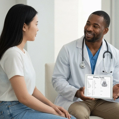 Patient discussing biopsy results with a doctor