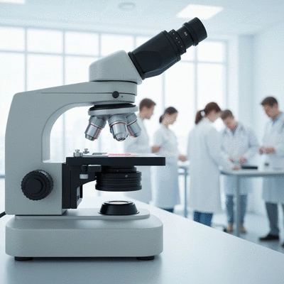 Microscope analyzing a biopsy sample in a lab, with a blurred medical team background