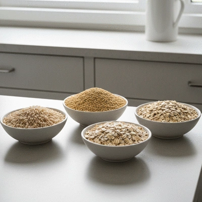 Assortment of whole grains like brown rice, quinoa, and oats in separate bowls