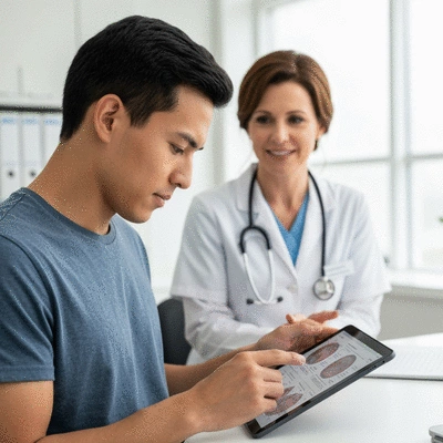 Patient reviewing medical information on a tablet, with a healthcare provider in the background, symbolizing shared understanding of biopsy results.