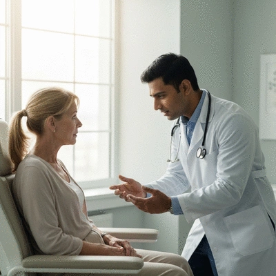 Patient discussing biopsy preparation with doctor