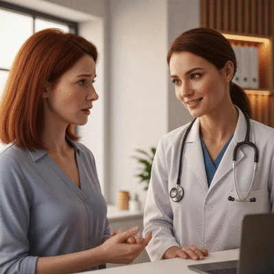 Patient discussing breast cancer treatment options with a female doctor