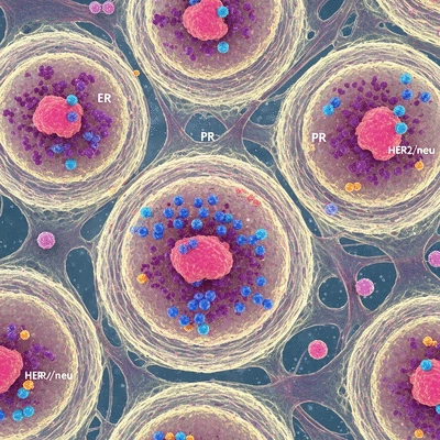Microscopic view of breast cancer cells with highlighted hormone receptors