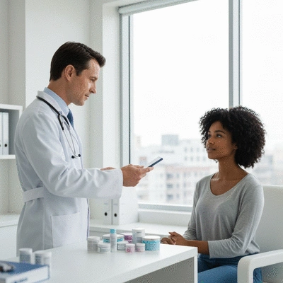 Doctor and patient discussing medication options, professional setting, medical office