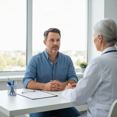 Patient discussing medication and fasting guidelines with a doctor, in a bright clinic office
