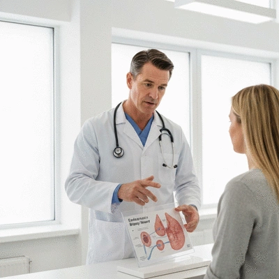 Medical professional explaining endoscopic biopsy procedure to a patient using a diagram