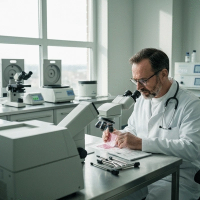 Microscope examining tissue sample for neuromuscular disorder diagnosis