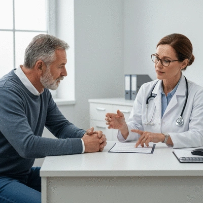 Patient discussing medical results with doctor, showing active engagement