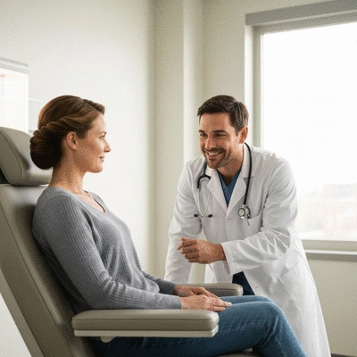 Patient discussing biopsy preparation with a doctor